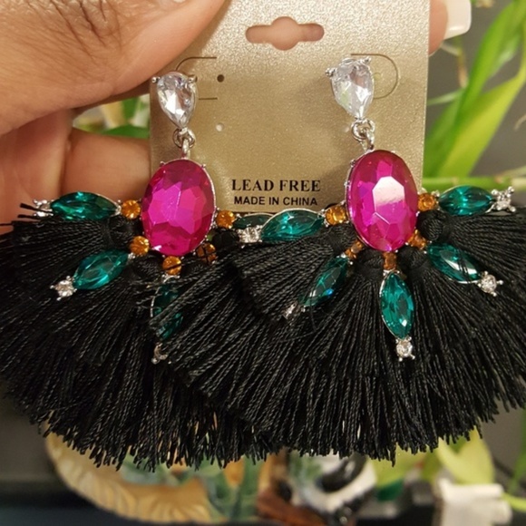 Vintage | Black fringe boho festival earrings NEW - Picture 2 of 4